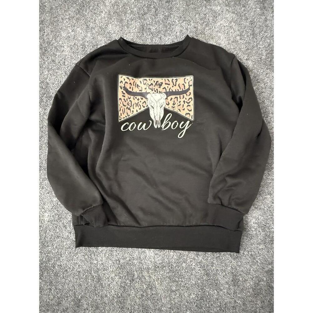 Women’s Small Cowboy Graphic Sweatshirt Black Leopard Longhorn Super Soft Cozy